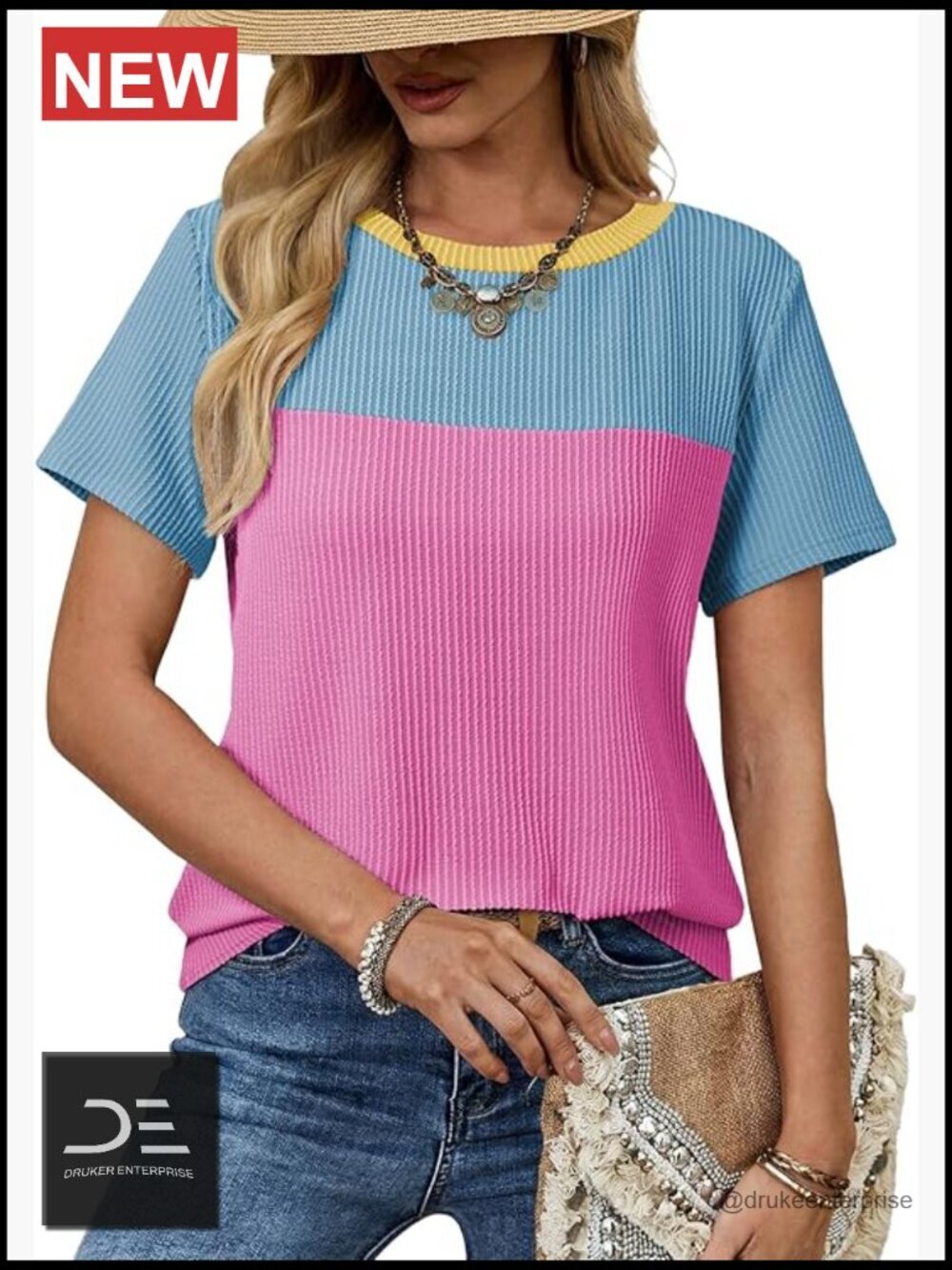 Loose Fit Crewneck Striped Knitted T-Shirt Summer Casual Top
